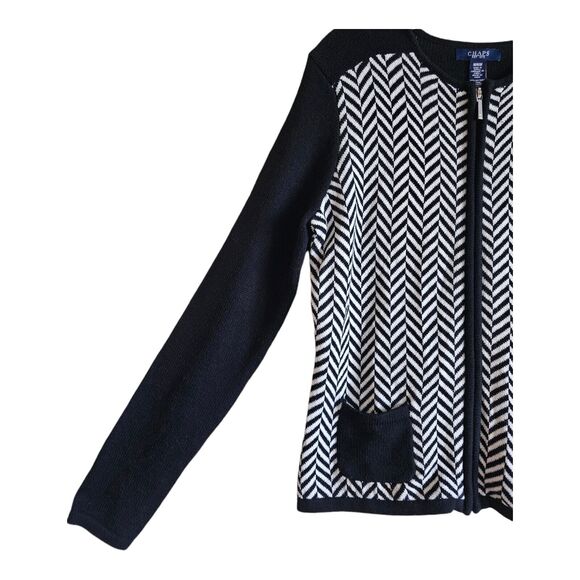 CHAPS by Ralph Lauren Women M Cardigan Sweater Black White Chevron Full Zip 36" - Picture 4 of 7
